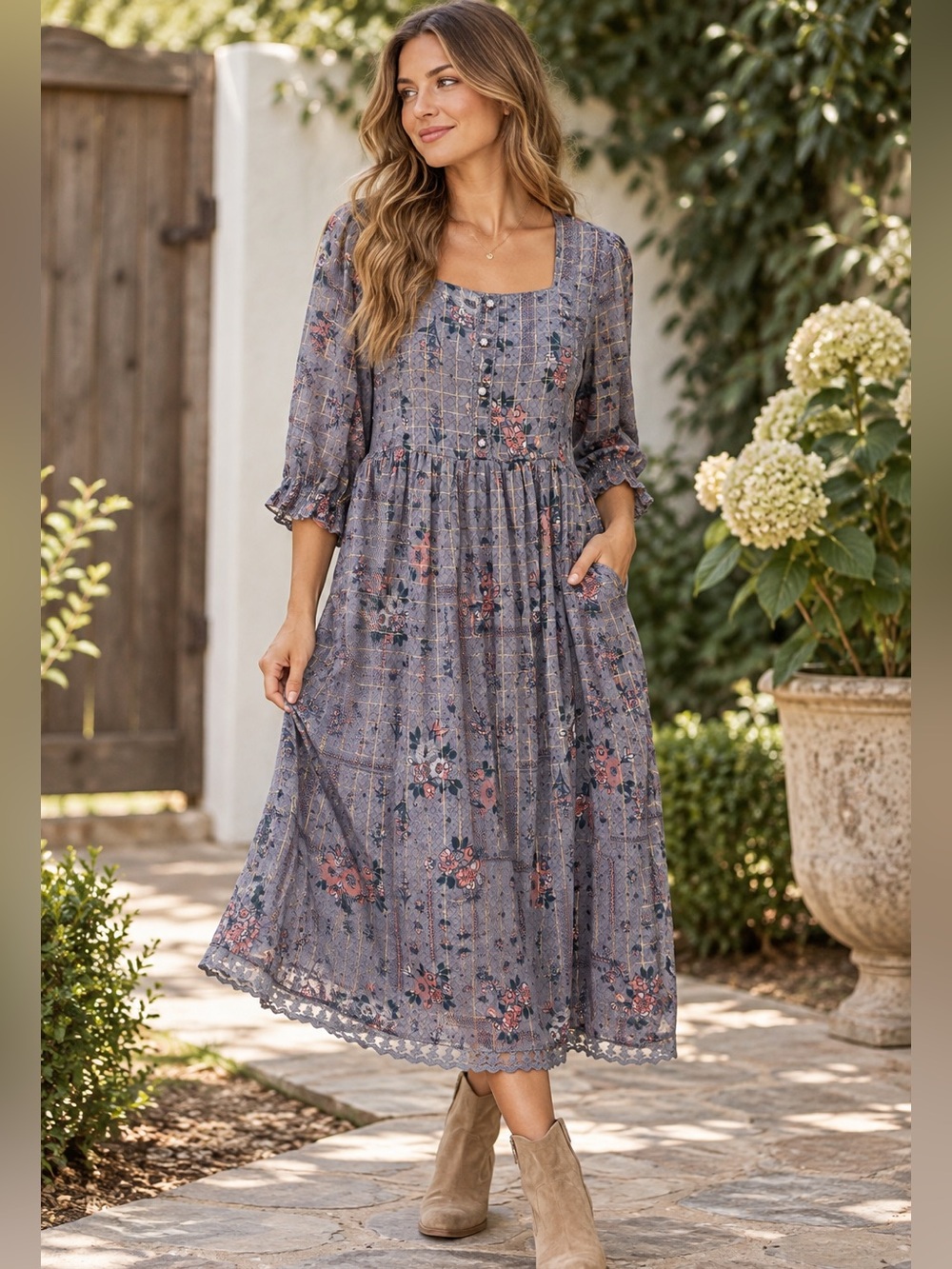Max Size L Blue Floral Metallic Gold Lurex Boho Midi Dress Lace Trim Pockets